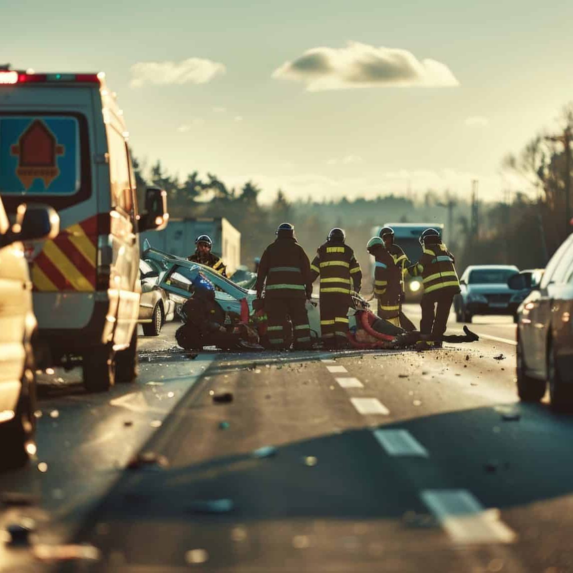 Emergency responders assist at the scene of a car accident on a highway, surrounded by an ambulance, police car, and scattered debris.