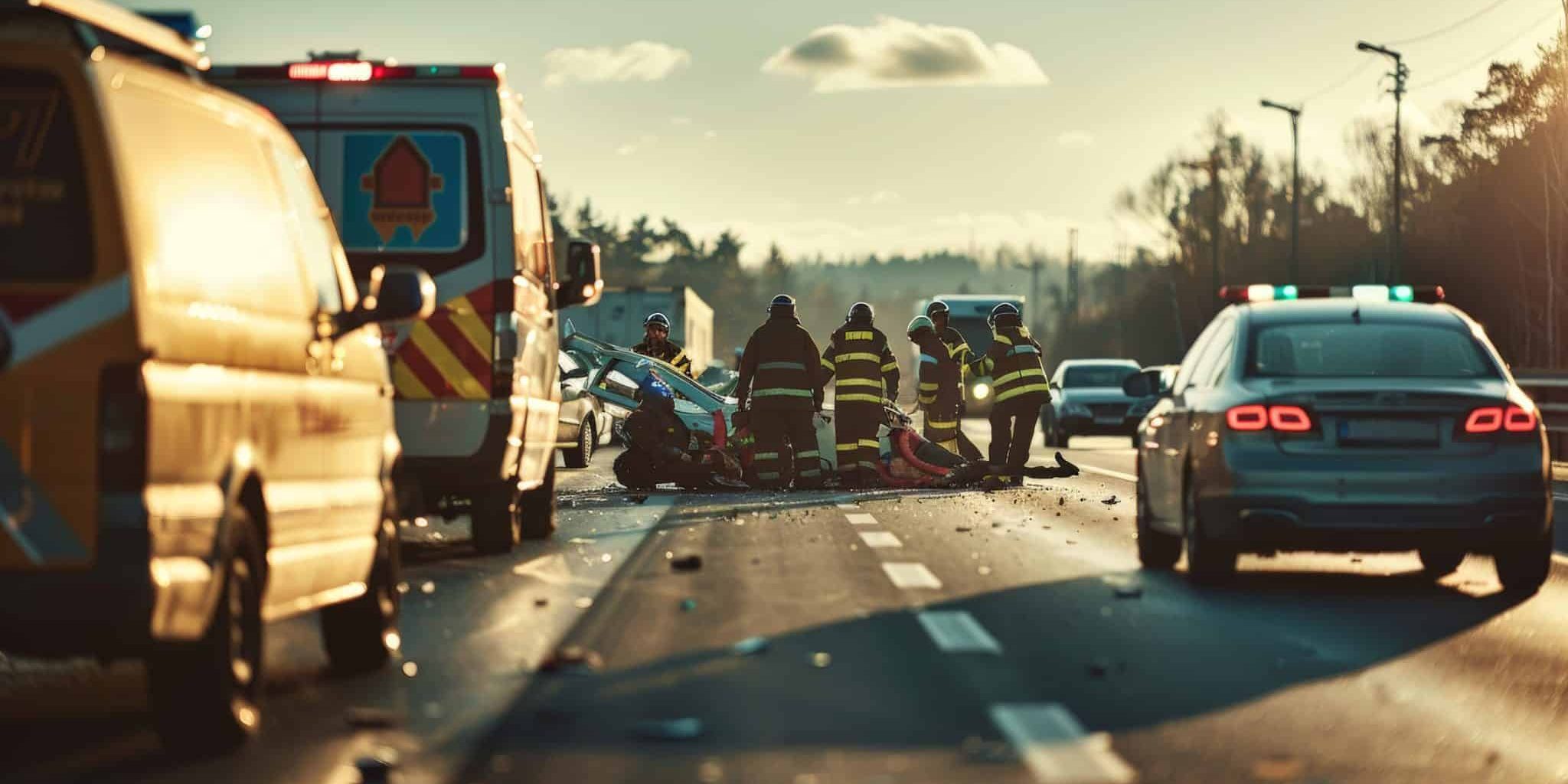 Emergency responders assist at the scene of a car accident on a highway, surrounded by an ambulance, police car, and scattered debris.