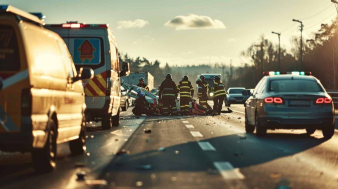 Michigan Assigned Claims Plan Emergency responders assist at the scene of a car accident on a highway, surrounded by an ambulance, police car, and scattered debris.
