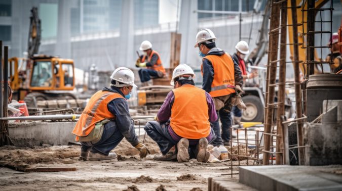 Construction workers wearing orange vests and helmets are diligently performing their jobs at a bustling Lansing building site, surrounded by heavy machinery and materials. These dangerous jobs require skill and caution to ensure safety amidst the organized chaos.