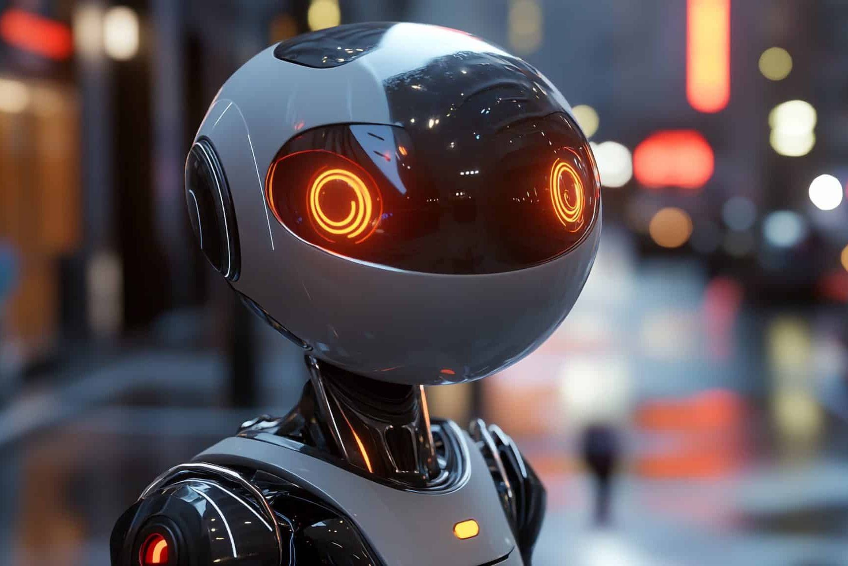 A humanoid robot with a glossy black and white exterior and glowing orange eyes stands on a city street at night, with blurred lights in the background.