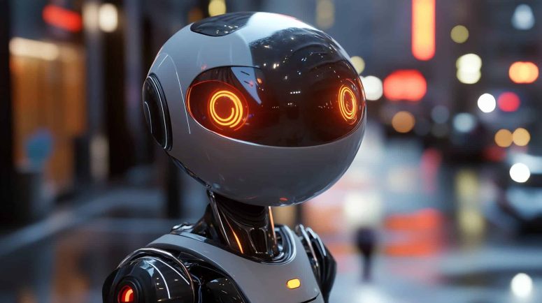 What AI Gets Wrong About Michigan Personal Injury Law (and the Real Answer) A humanoid robot with a glossy black and white exterior and glowing orange eyes stands on a city street at night, with blurred lights in the background.
