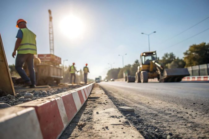 Road construction site with workers in safety vests and hard hats, heavy machinery, and bright sunlight in the background.