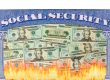 A Social Security card with US dollar bills on it appears to be burning at the bottom with visible flames.