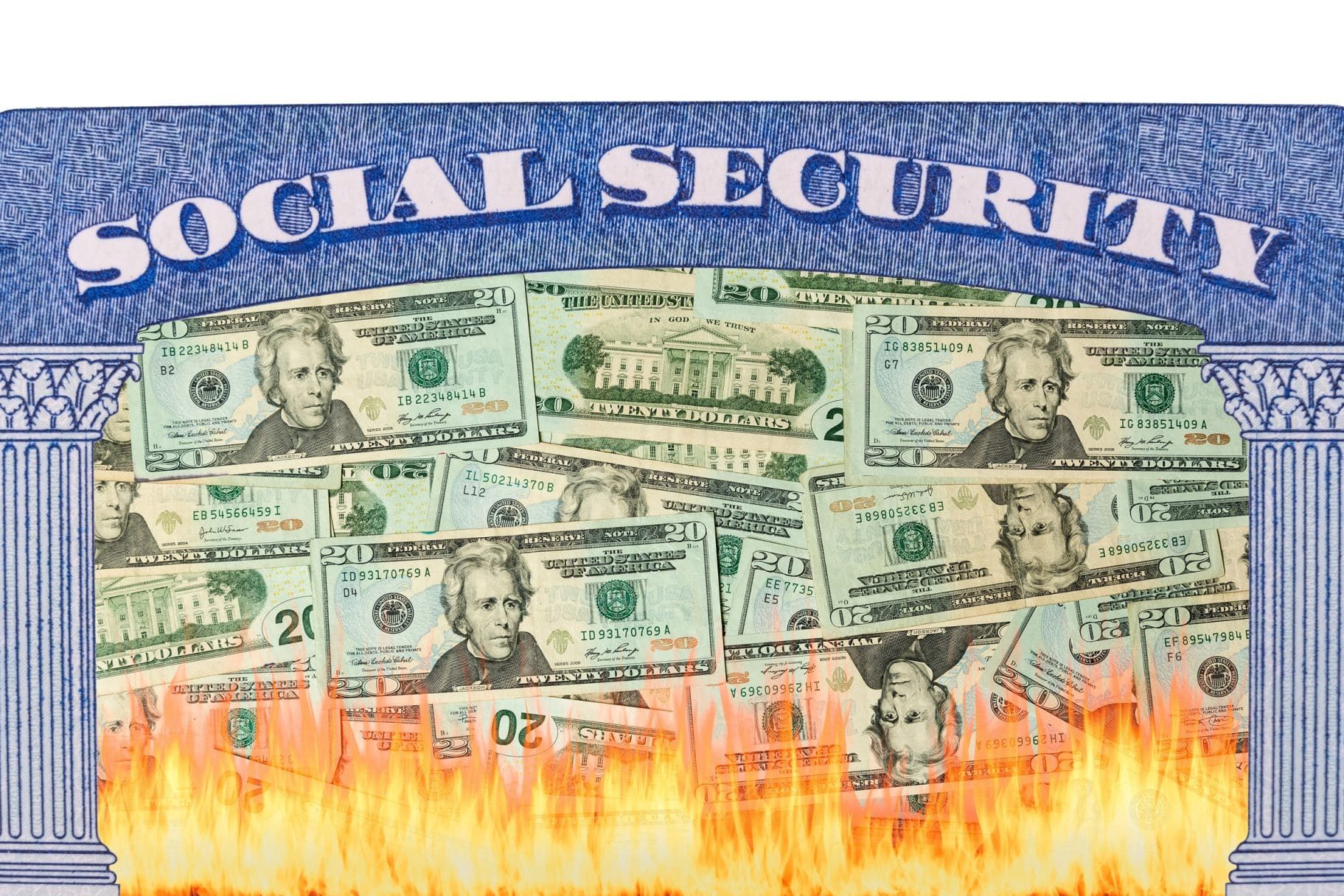 A Social Security card with US dollar bills on it appears to be burning at the bottom with visible flames.