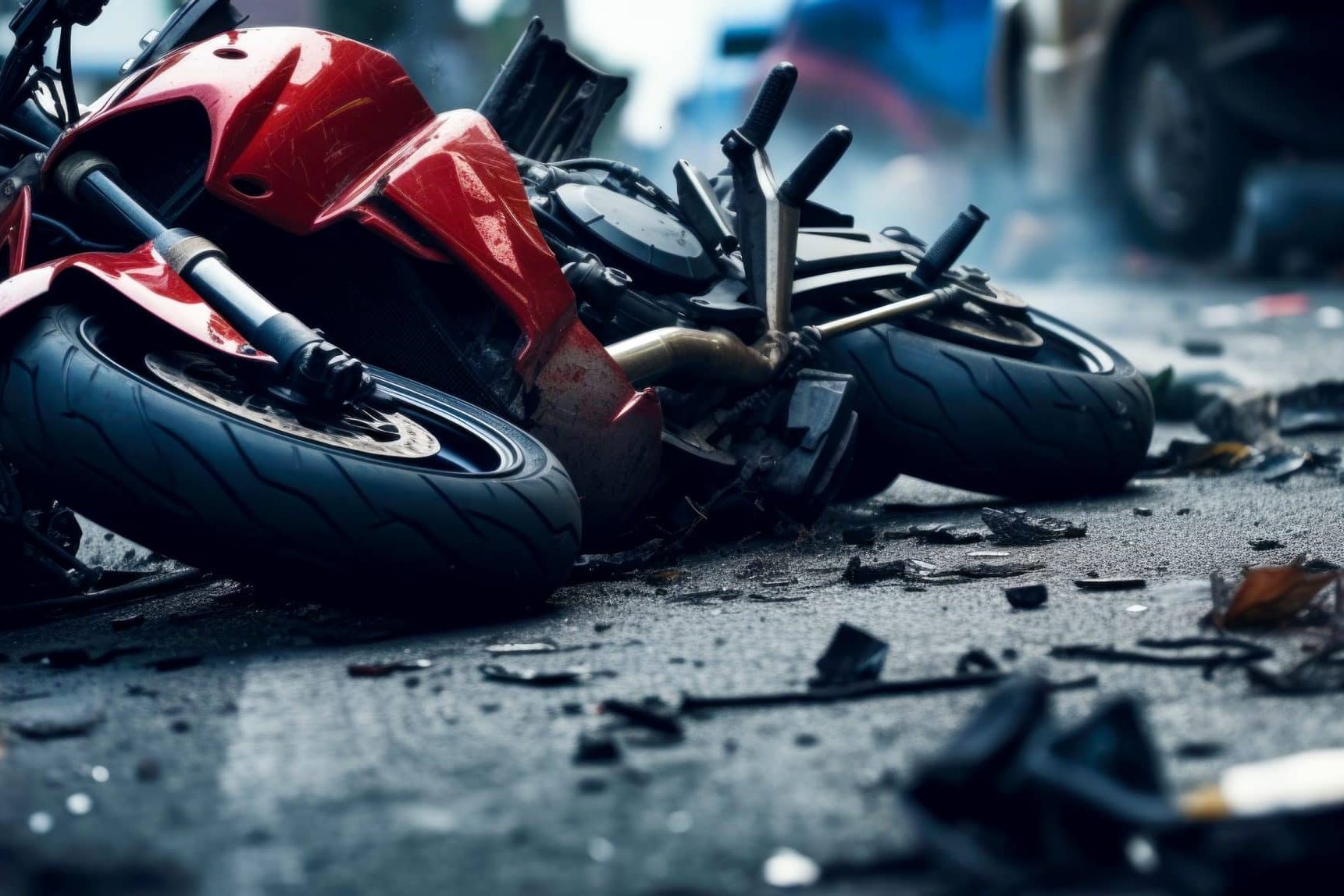 A red motorcycle lies damaged on the road surrounded by debris, indicating a recent accident.