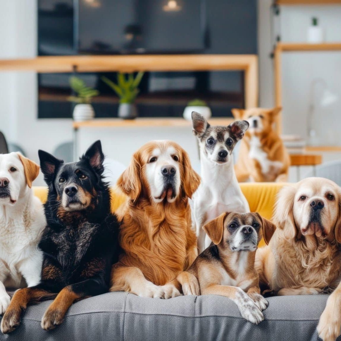 A group of eight dogs of various breeds sits closely together on a couch in a modern living room.