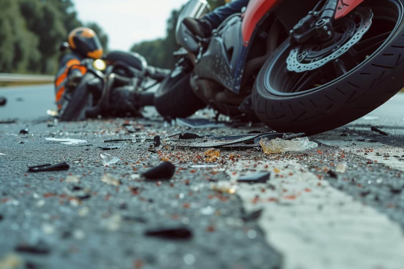 A motorcycle lies on its side amid debris on a road, with a person in a helmet and protective gear sitting nearby.