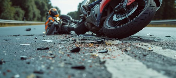 A motorcycle lies on its side amid debris on a road, with a person in a helmet and protective gear sitting nearby.