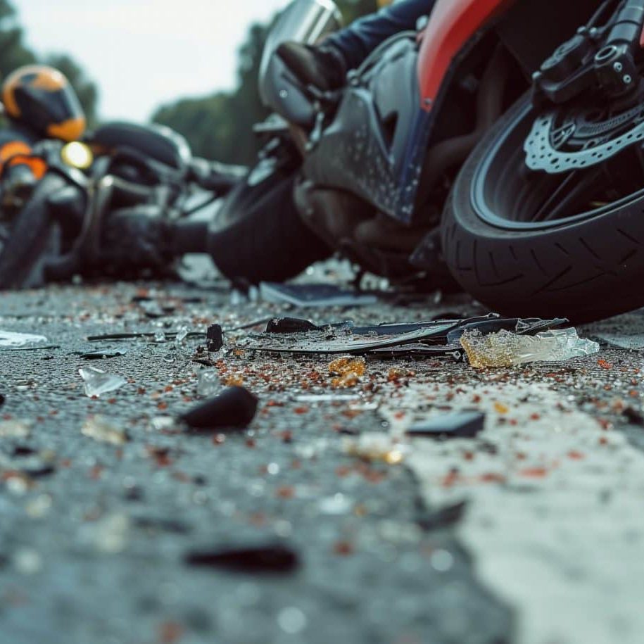 A motorcycle lies on its side amid debris on a road, with a person in a helmet and protective gear sitting nearby.