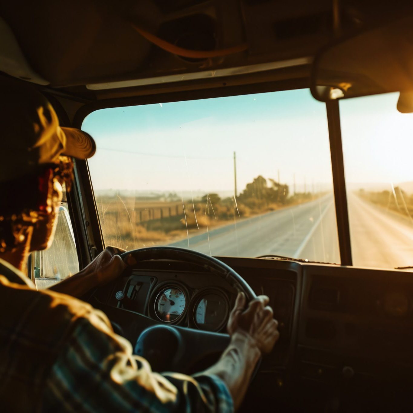 A person wearing a cap drives a vehicle down an empty rural road at sunset, as seen from inside the vehicle.