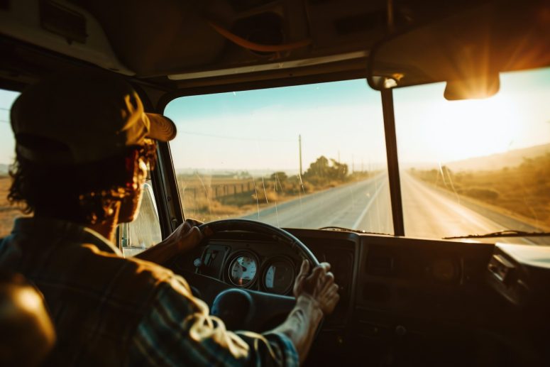 A person wearing a cap drives a vehicle down an empty rural road at sunset, as seen from inside the vehicle.