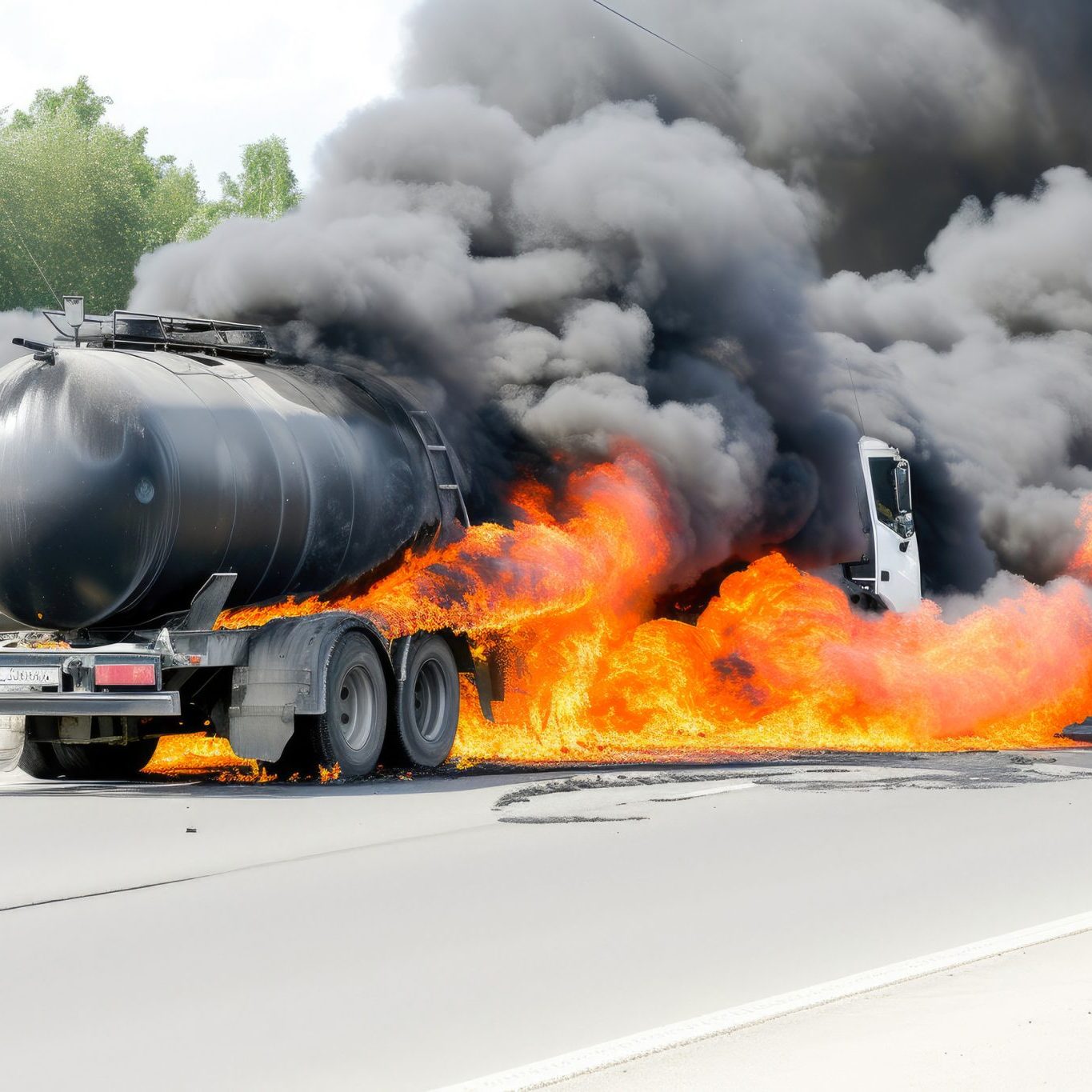 A tanker truck on a highway is engulfed in flames, producing thick black smoke that rises into the sky.