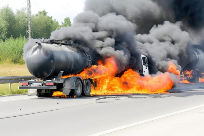 A tanker truck on a highway is engulfed in flames, producing thick black smoke that rises into the sky.