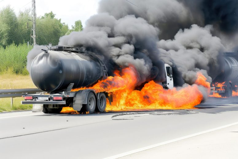 A tanker truck on a highway is engulfed in flames, producing thick black smoke that rises into the sky.