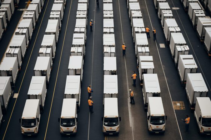 Aerial view of uniformed workers standing beside rows of white delivery trucks and containers in a large parking lot.