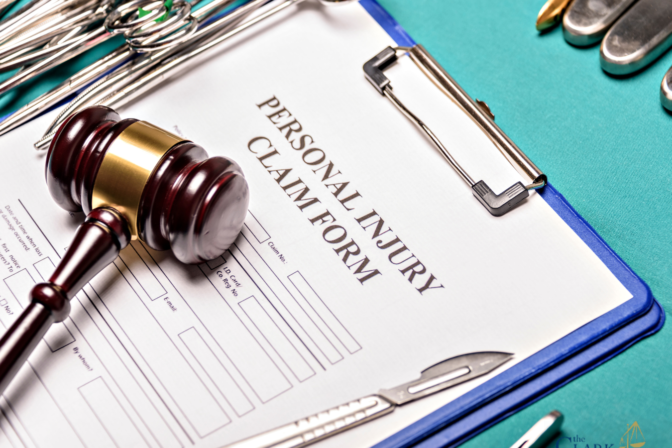 A personal injury claim form on a clipboard is surrounded by surgical instruments and a gavel, with The Clark Law Office logo in the corner.