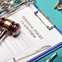 A personal injury claim form on a clipboard is surrounded by surgical instruments and a gavel, with The Clark Law Office logo in the corner.
