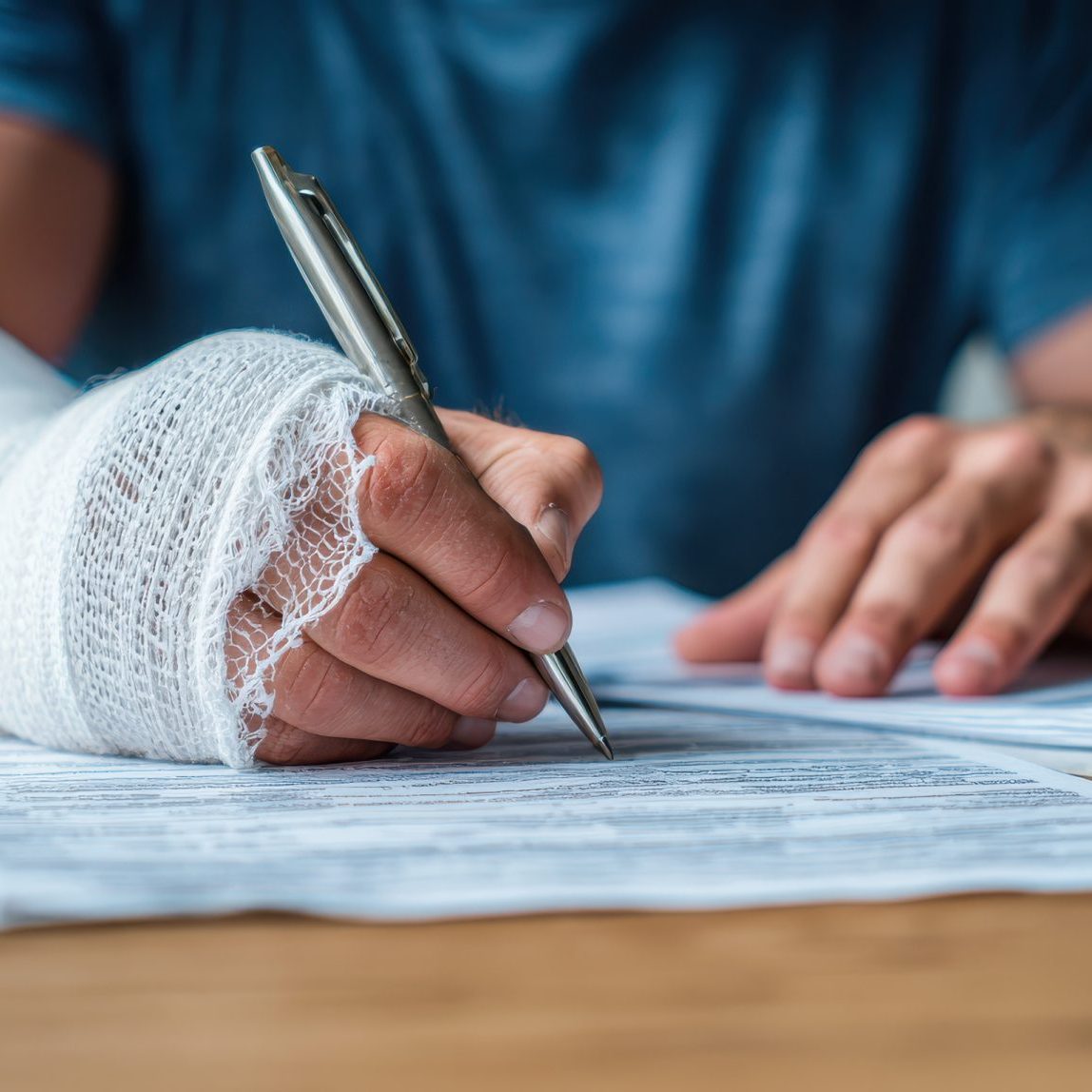 Why Do Similar Injury Cases Settle For Different Amounts Person with a bandaged arm signing paperwork at a table, using their uninjured hand to fill out forms.
