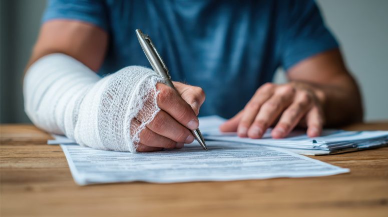 Why Do Similar Injury Cases Settle For Different Amounts Person with a bandaged arm signing paperwork at a table, using their uninjured hand to fill out forms.