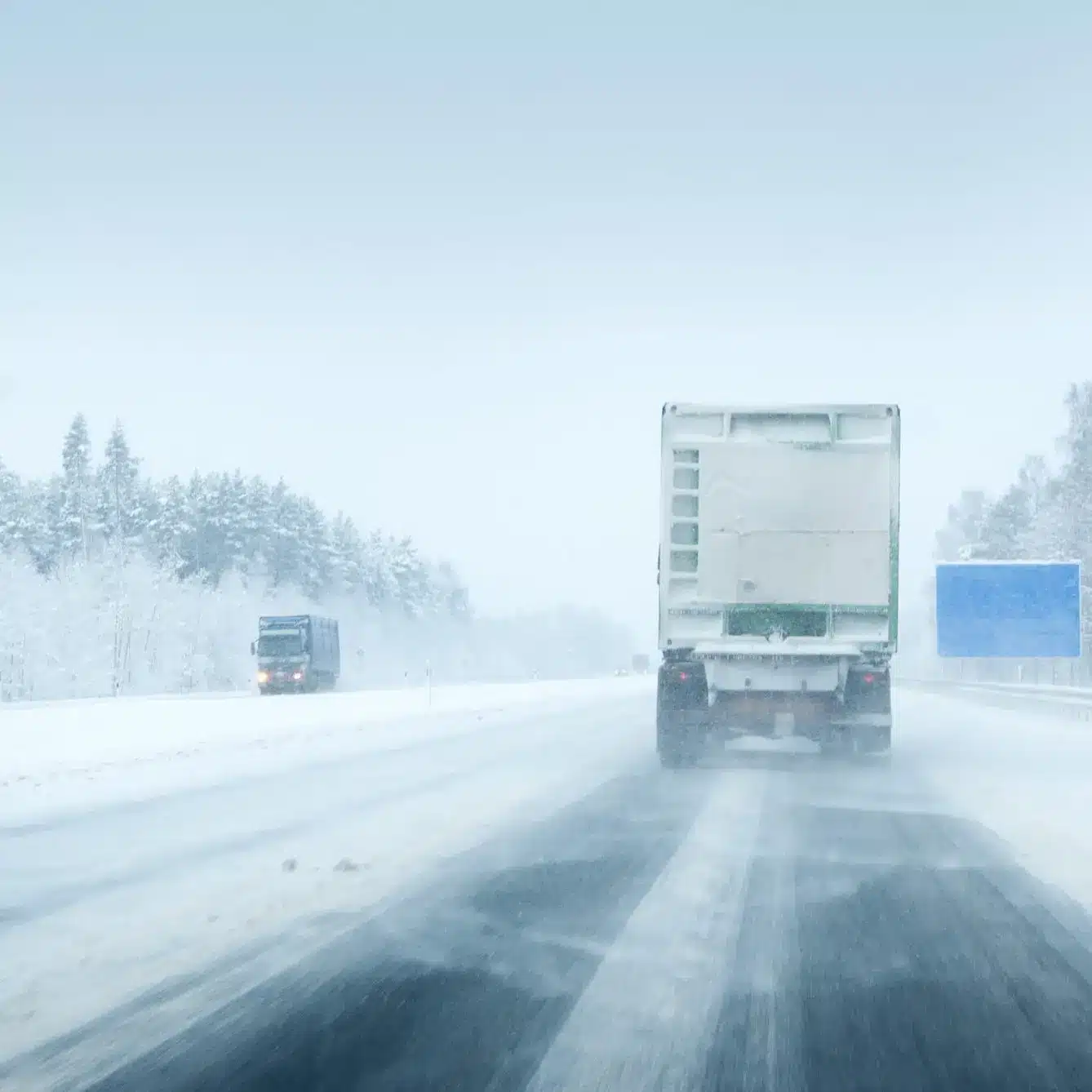 Two trucks drive on a snow-covered highway surrounded by trees, with blowing snow reducing visibility and an empty blue road sign visible on the right.