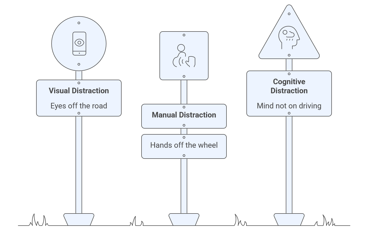 Three road signs illustrate types of driving distractions: visual (eyes off the road), manual (hands off the wheel), and cognitive (mind not on driving).