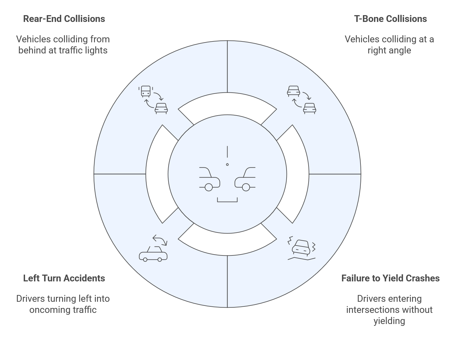 Diagram showing four types of car collisions: rear-end, T-bone, left turn accidents, and failure to yield crashes, each with a brief description and icon.