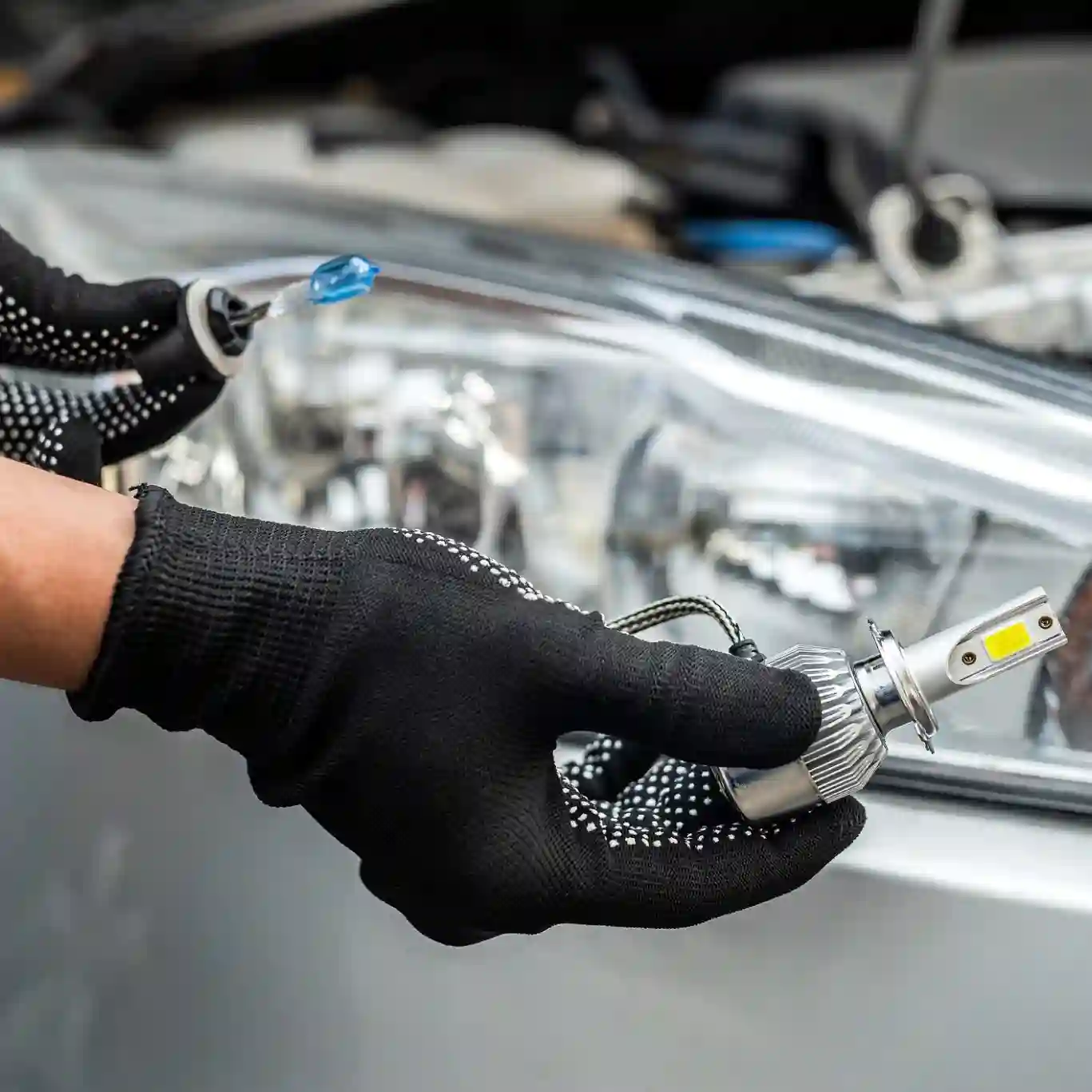 A person wearing black gloves holds an LED car headlight bulb in front of a vehicle's headlight assembly.