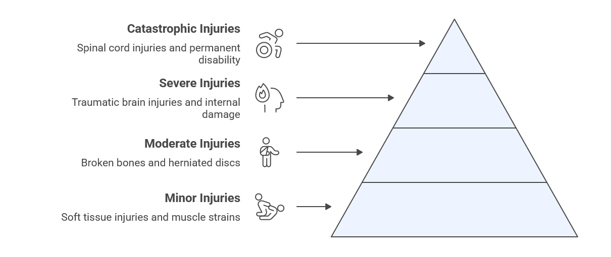 Minor to catastrophic car accident injuries Infographic with a pyramid illustrating car accident injuries from minor (soft tissue strains) to catastrophic (spinal cord injuries and permanent disability).