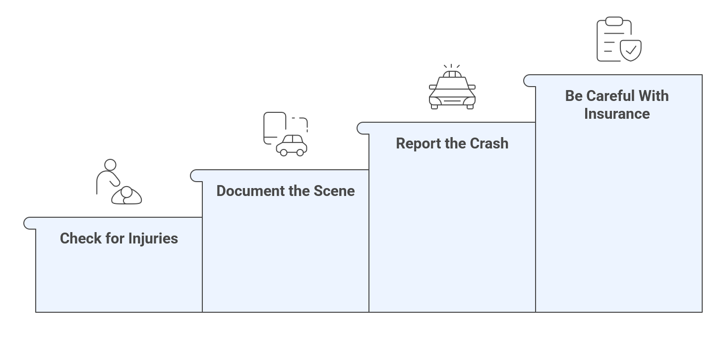 What to Do Immediatly After a Car Accident A four-step diagram illustrates actions after a car crash: check for injuries, document the scene, report the crash, and be careful with insurance.