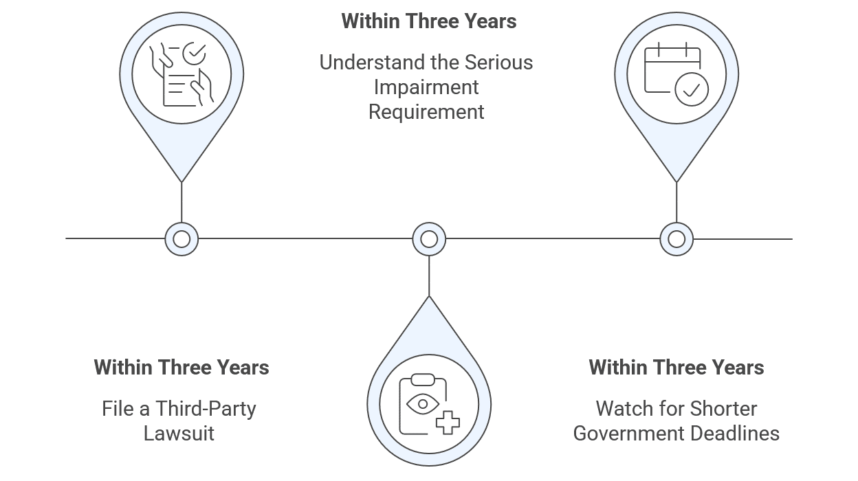 Within 3 years of the crash A timeline with three markers labeled "Within Three Years" for filing a third-party lawsuit, understanding the serious impairment requirement, and watching for shorter government deadlines.