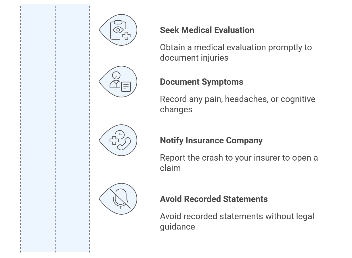Within the first 25 hours infographic Infographic listing steps after an injury: seek medical evaluation, document symptoms, notify insurance company, and avoid recorded statements without legal advice.
