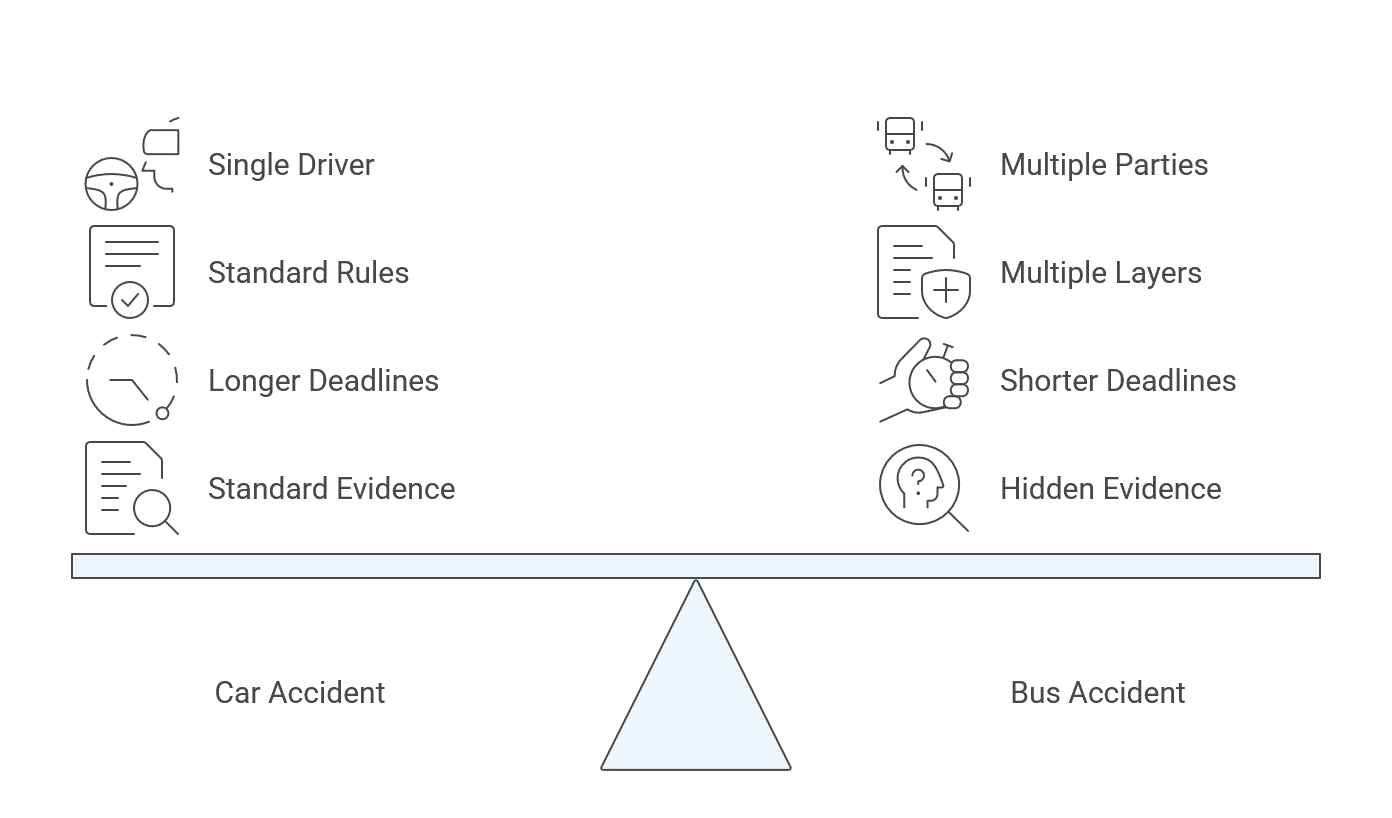 A seesaw compares car and bus accidents: car accidents have a single driver, standard rules, longer deadlines, and standard evidence; bus accidents have multiple parties, layers, shorter deadlines, and hidden evidence.