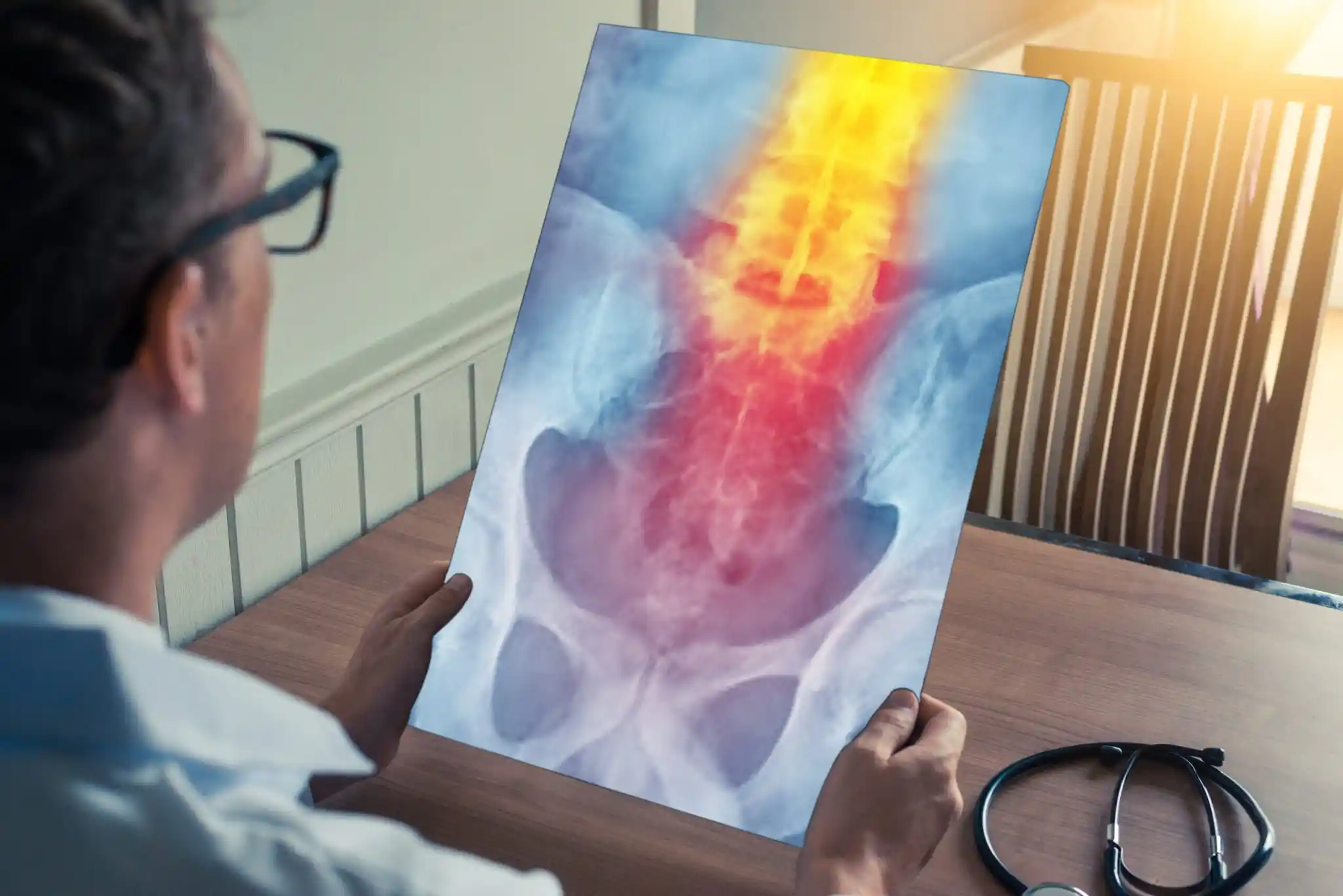 Doctor examining an X-ray of the lower back and pelvis showing spinal pain or inflammation