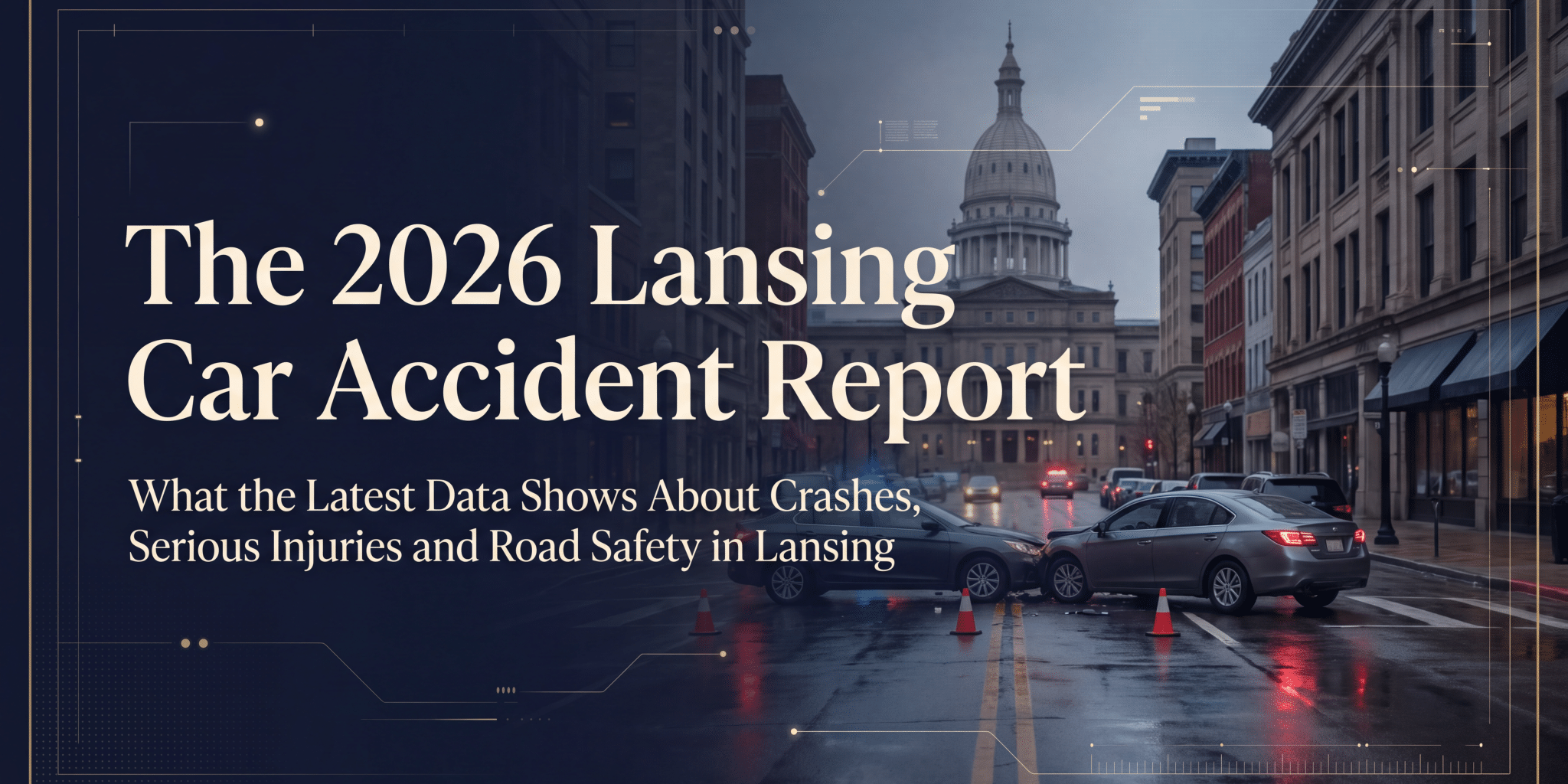 2026 Lansing Car Accident Report Cover Car accident scene near the Michigan State Capitol representing The Clark Law Office’s 2026 Lansing Car Accident Report.