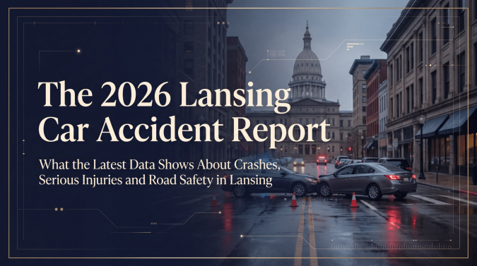 2026 Lansing Car Accident Report Cover Car accident scene near the Michigan State Capitol representing The Clark Law Office’s 2026 Lansing Car Accident Report.